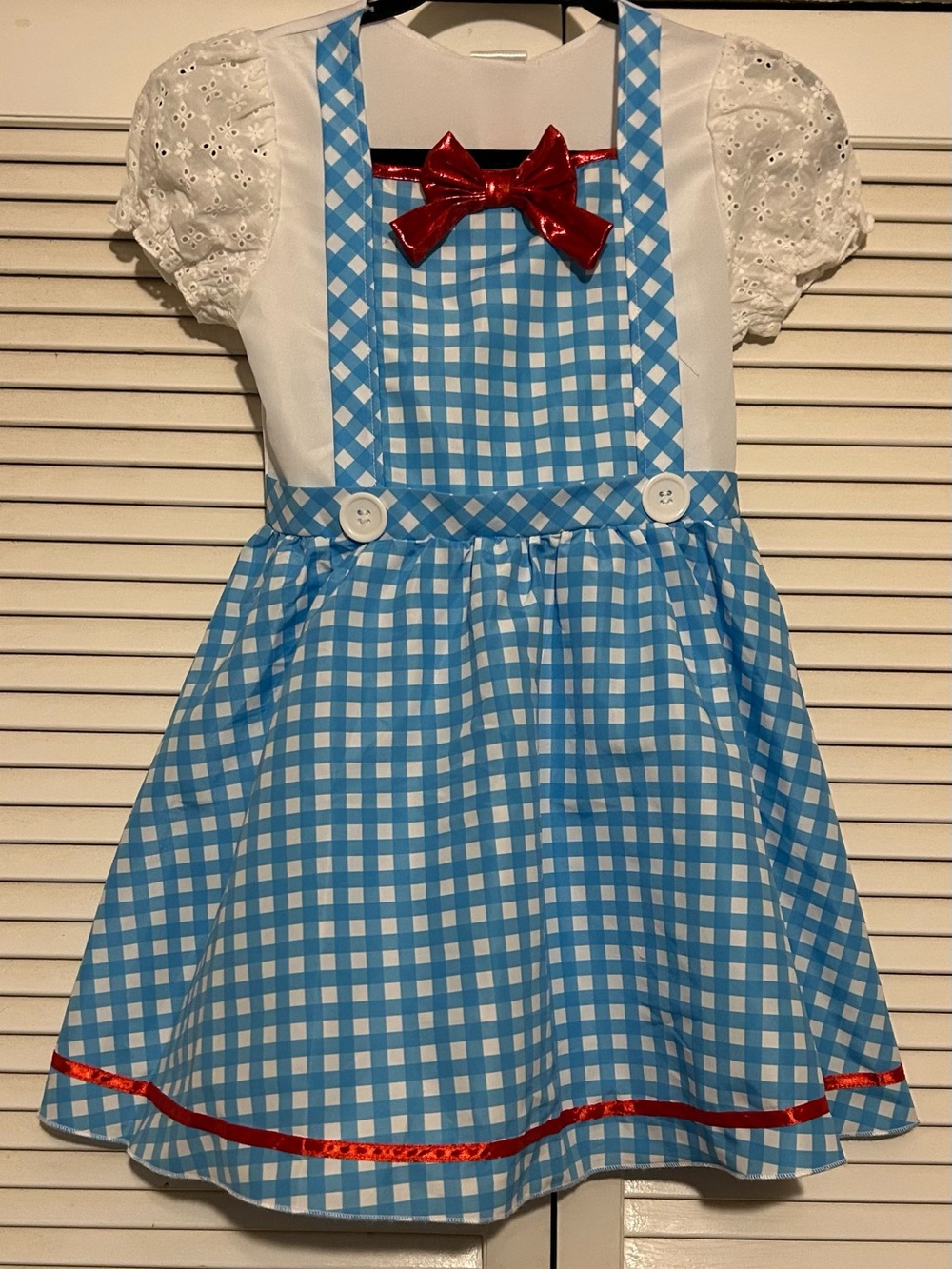 Kali Blue and White Gingham Dress with Shiny Red Bow